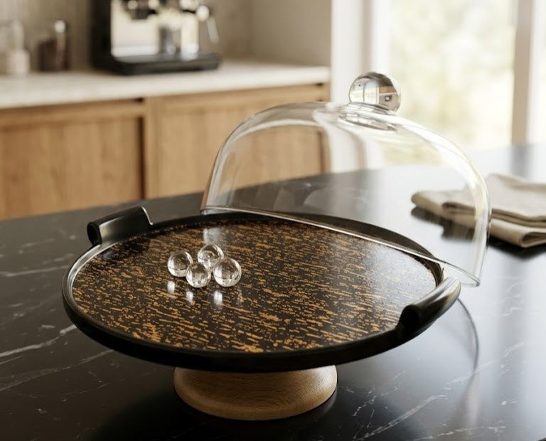 Modern Ceramic and Wood Footed Cake Stand with Clear Glass Dome