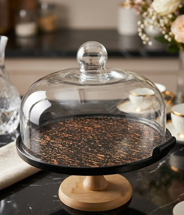 Modern Ceramic and Wood Footed Cake Stand with Clear Glass Dome