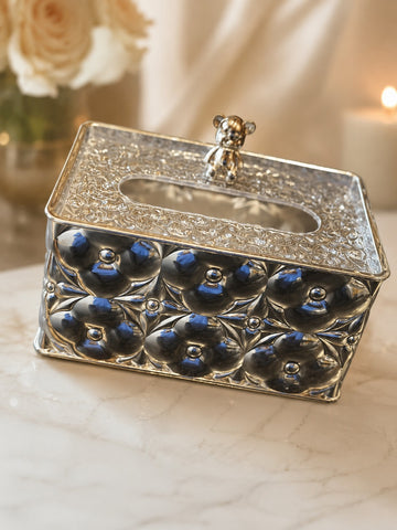 Luxury Silver Embossed Tissue Box Holder with Teddy Bear Top