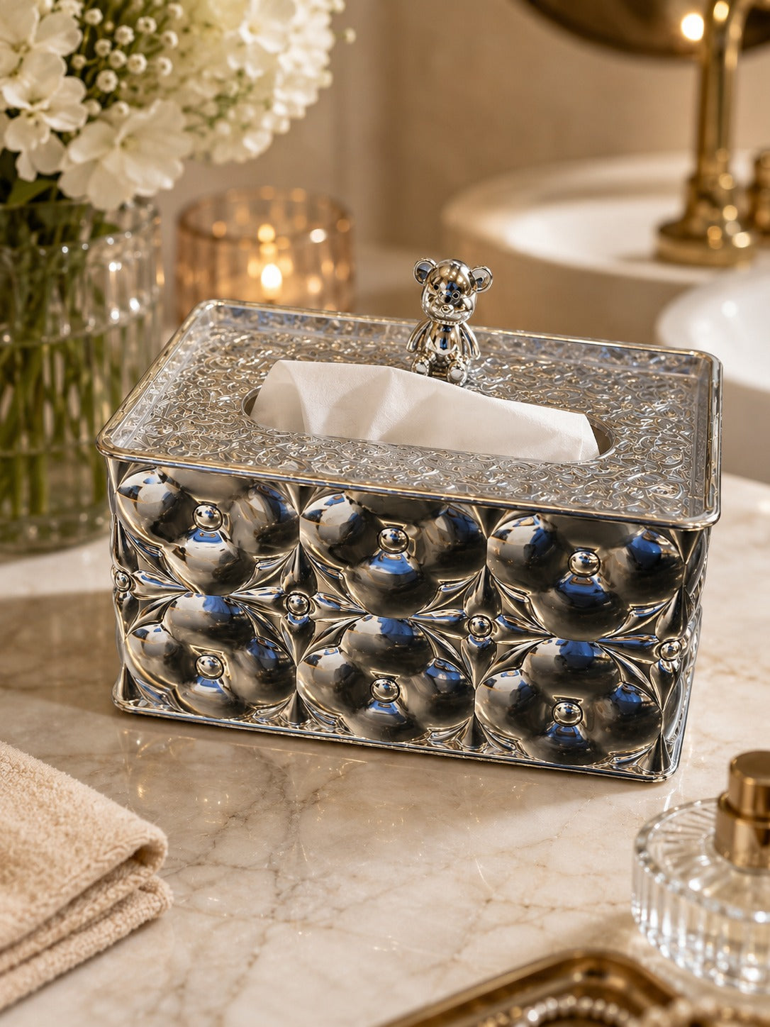 Luxury Silver Embossed Tissue Box Holder with Teddy Bear Top