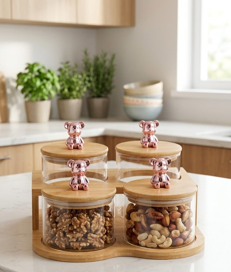Premium 4-Piece Glass Storage Jar Set with Wooden Tray & Teddy Lid