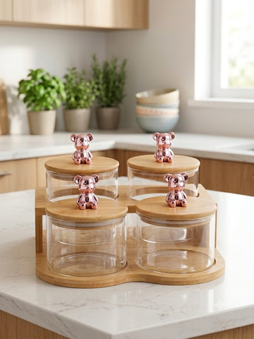 Premium 4-Piece Glass Storage Jar Set with Wooden Tray & Teddy Lid