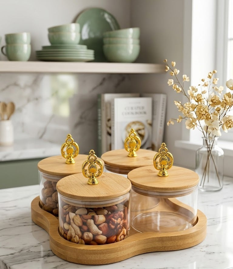 Elegant 4-Piece Glass Storage Jar Set with Bamboo Tray