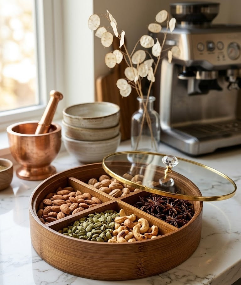 Luxury Wooden Dry Fruit Serving Box with Glass Lid