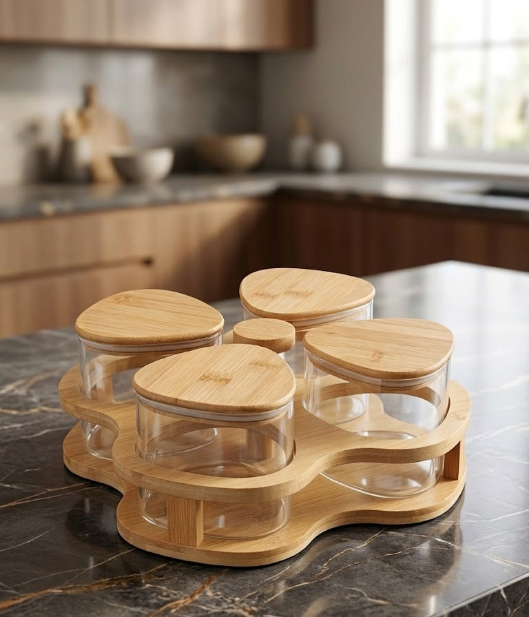 The Grand Clover 4-Tier Glass & Bamboo Nut Organizer Set