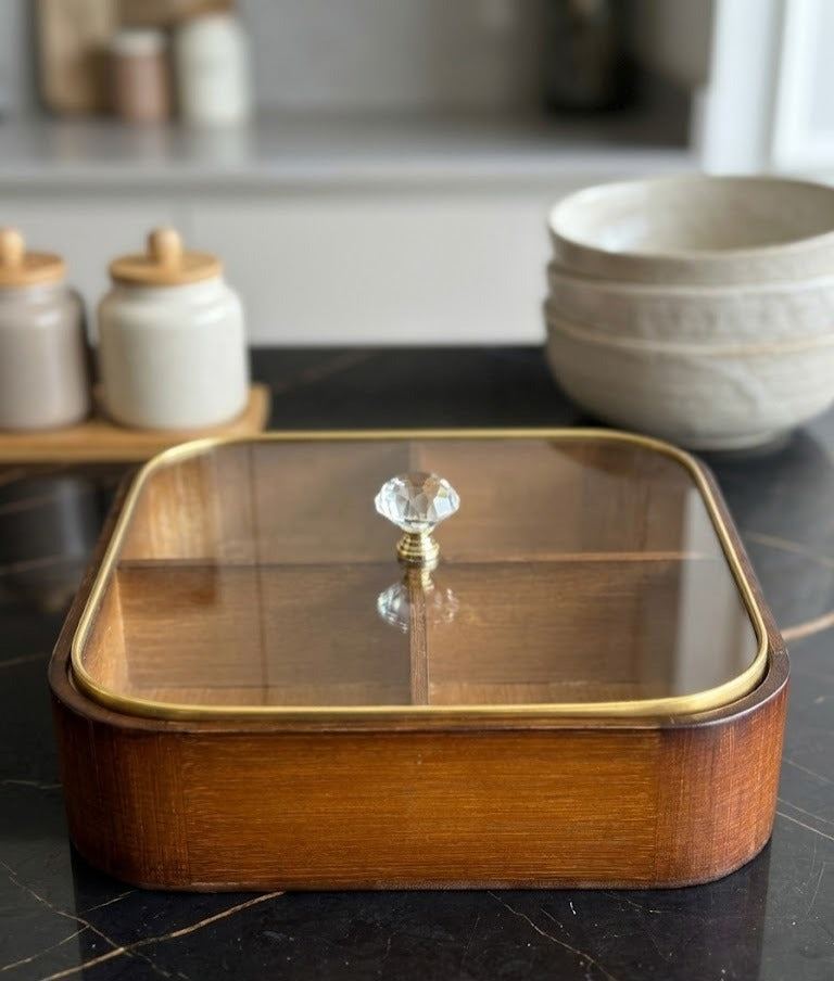 The Heritage Square Wooden Dry Fruit Box – 4-Compartment Nut Server with Crystal Knob