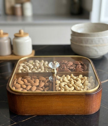 The Heritage Square Wooden Dry Fruit Box – 4-Compartment Nut Server with Crystal Knob