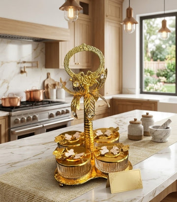 The Royal Gilded Palm & Butterfly 4-Jar Nut Organizer – Luxury Dry Fruit Server