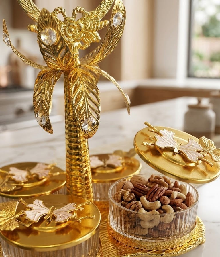 The Royal Gilded Palm & Butterfly 4-Jar Nut Organizer – Luxury Dry Fruit Server