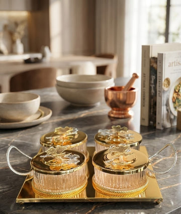 Luxe Golden Leaf Glass Nut Caddy and Serving Platter Set