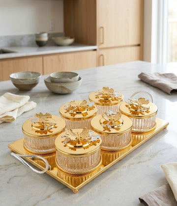 6-Piece Gold Butterfly Glass Serving Jars with Mirrored Tray – Luxury Dry Fruit & Snack Organizer