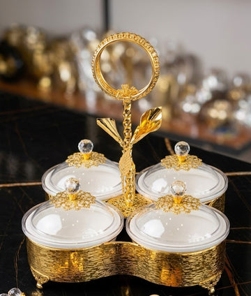 Luxury Gold Dry Fruit Serving Tray with 4 Glass Bowls & Central Handle