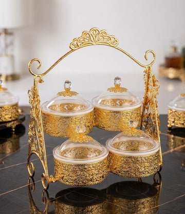 Luxury 2-Tier Gold Filigree Snack Server with Swing Handle & 4 Glass Lidded Jars