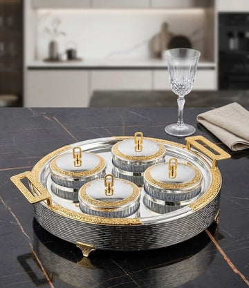 Luxury Dual-Tone Silver and Gold 4-Bowl Dry Fruit Serving Tray with Lids
