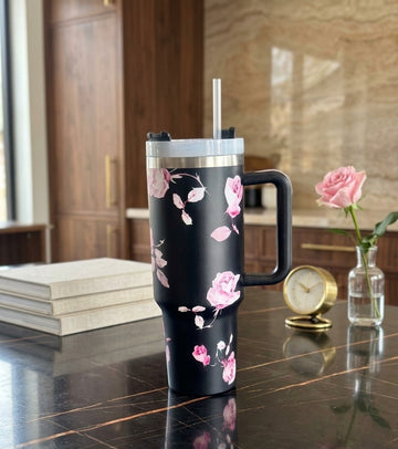 Matte Black Floral 40oz Tumbler