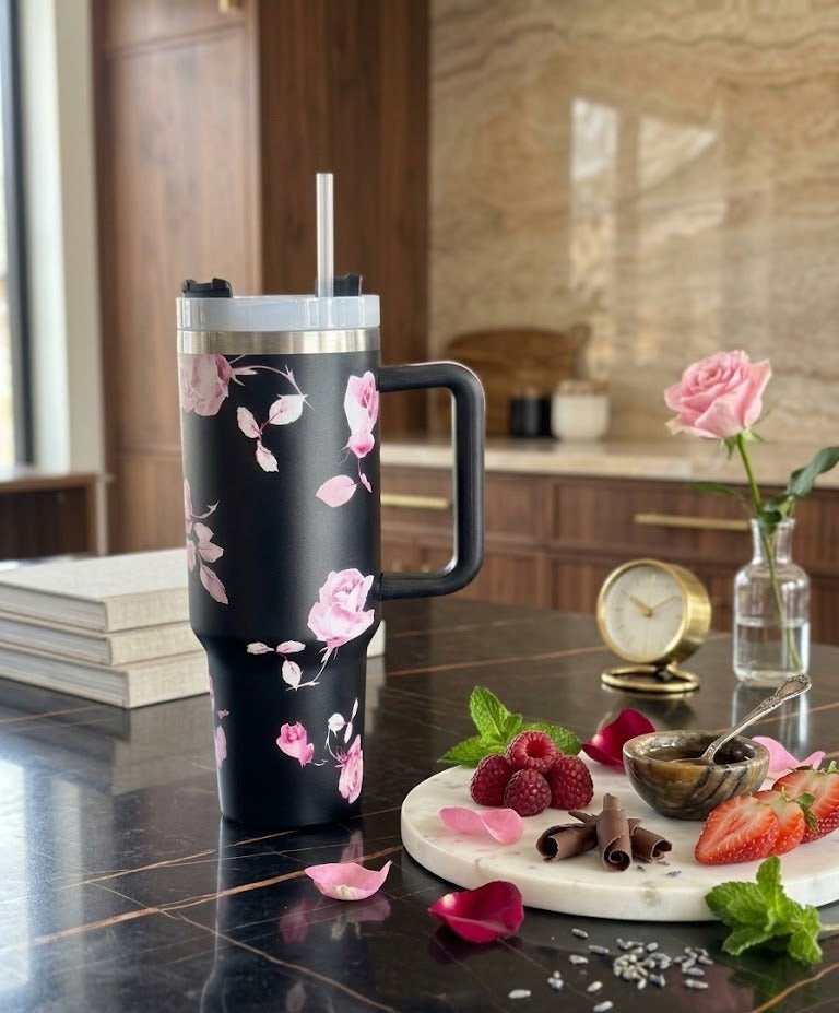 Matte Black Floral 40oz Tumbler