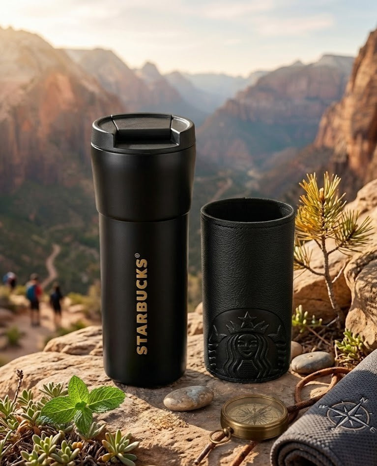 Premium Starbucks Insulated Travel Mug with Leather Sleev