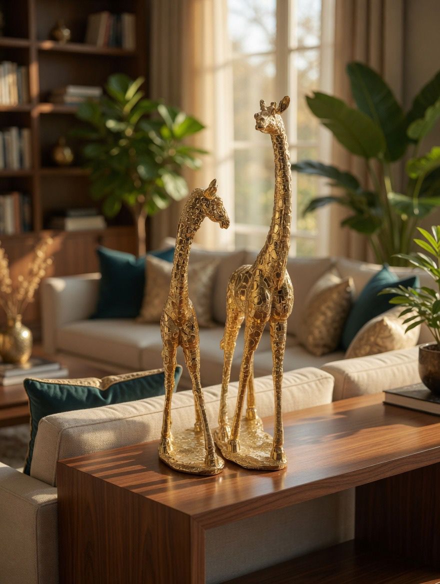 Pair of Tall Vintage Brass Giraffe Figurine Sculptures Overt 2 Feet
