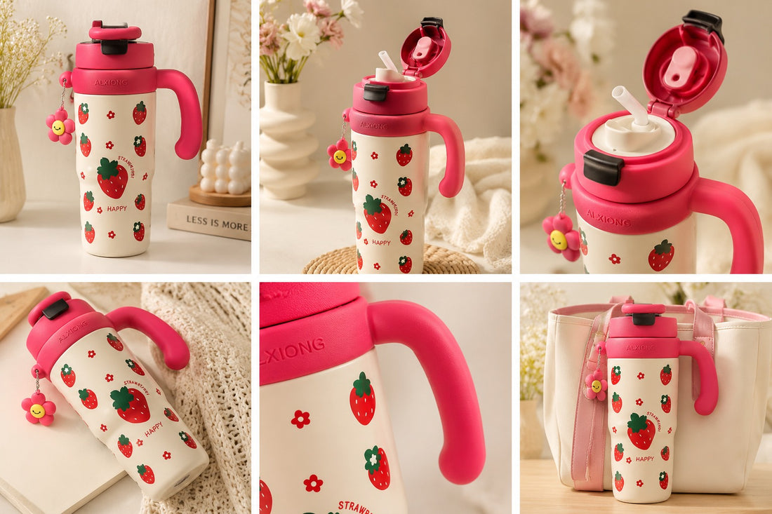 Cute Strawberry Charm Insulated Travel Tumbler with Handle & Straw