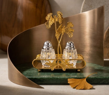 Ginkgo Biloba Luxury Salt & Pepper Shaker Set with Decorative Holder