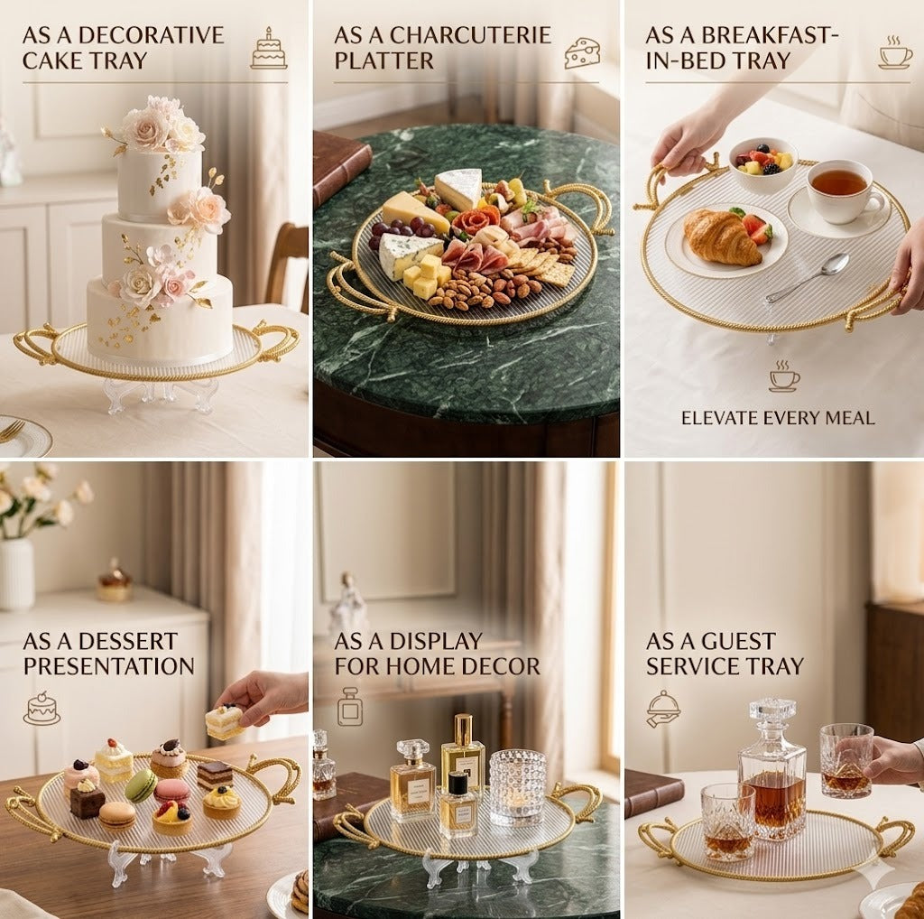 Multi-Functional Round Glass Cake Tray with Gold Handles | Decorative Display & Serving Platter