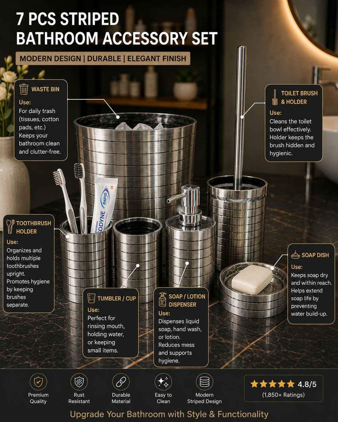 7 PCS STRIPED BATHROOM ACCESSORY SET