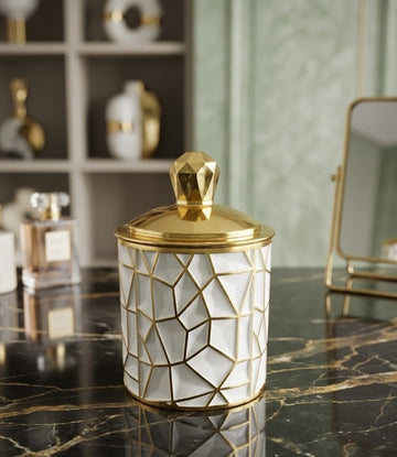 Luxe Geometric White & Gold Ceramic Storage Canister with Crystal-Cut Lid