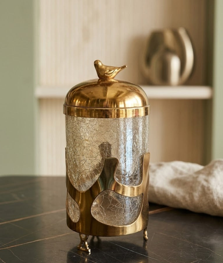 Luxury Gold & Crackle Glass Multi-Purpose Storage Jar with Bird Lid