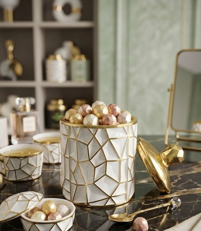 Luxe Geometric White & Gold Storage Canister with Crystal-Cut Lid