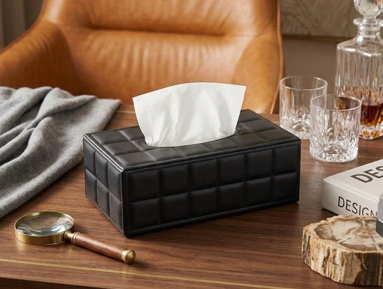 Parisian Quilted Matte Black Faux Leather Tissue Box