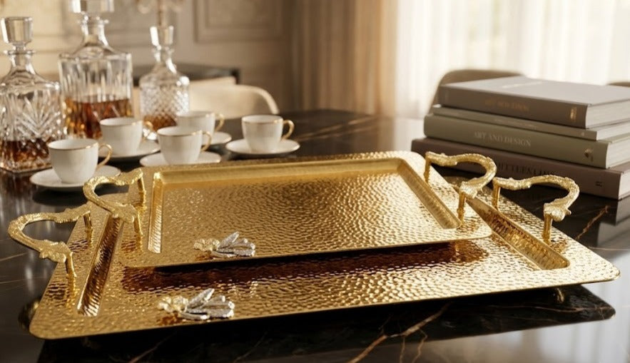 Luxury Hammered Gold Serving Tray with Ornate Handles