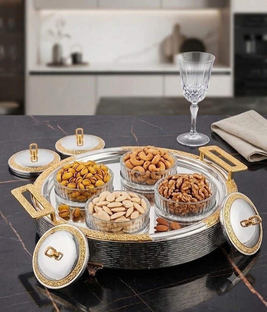 Luxury Dual-Tone Silver and Gold 4-Bowl Dry Fruit Serving Tray with Lids