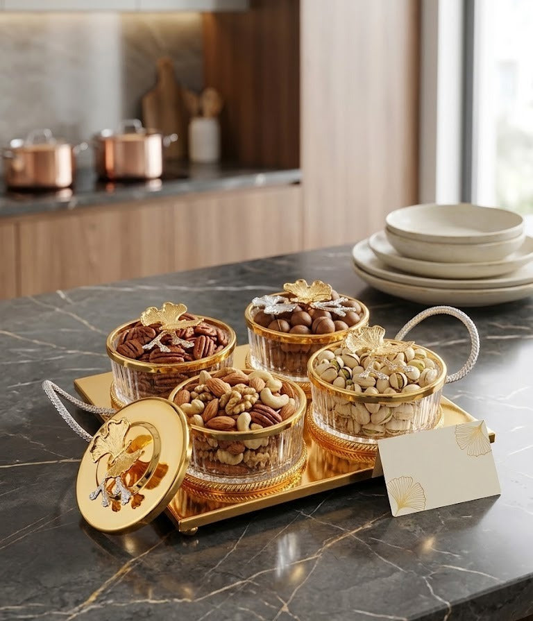 Luxe Golden Leaf Glass Nut Caddy and Serving Platter Set