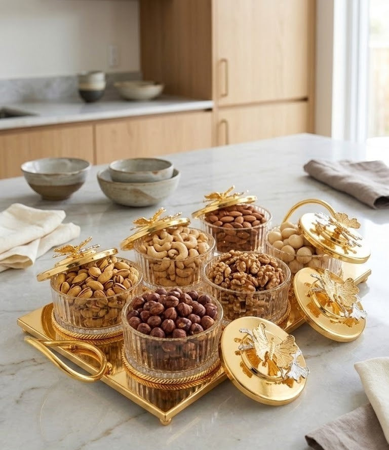 6-Piece Gold Butterfly Glass Serving Jars with Mirrored Tray – Luxury Dry Fruit & Snack Organizer