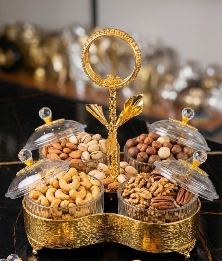 Luxury Gold Dry Fruit Serving Tray with 4 Glass Bowls & Central Handle