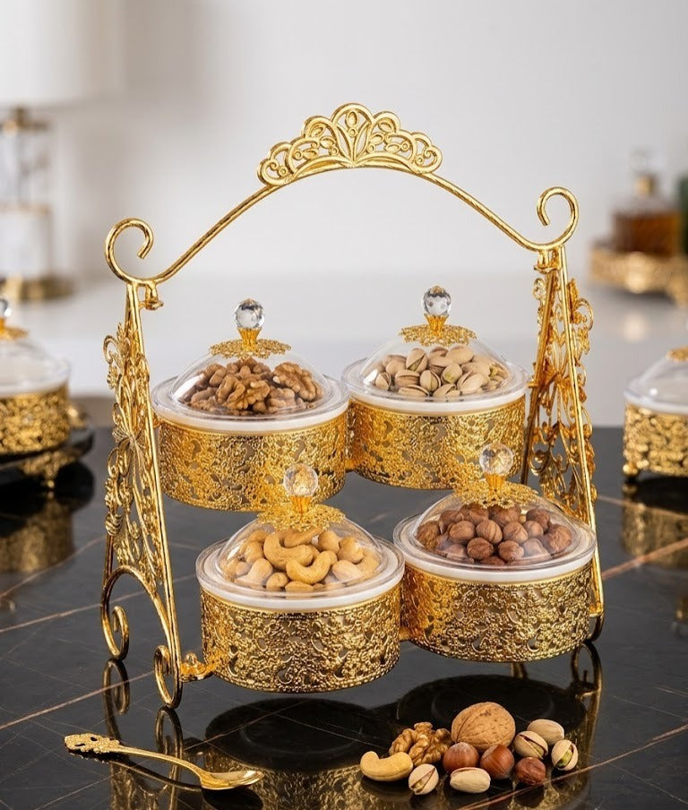 Luxury 2-Tier Gold Filigree Snack Server with Swing Handle & 4 Glass Lidded Jars