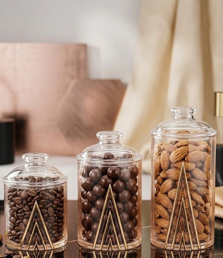 Luxury 3-Piece Amber & Gold Fluted Glass Decorative Jars with Lids