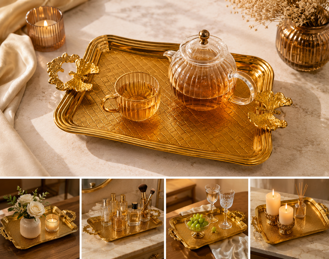 Luxury Gold Tray with Leaf Handles