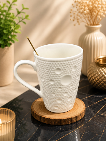 Elegant White Textured Ceramic Coffee Mug with Spoo